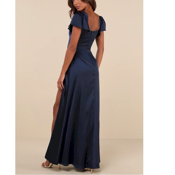 Lulus Ultimate Sweetness Navy Blue Satin Flutter Sleeve Maxi Dress Small… - Picture 4 of 5
